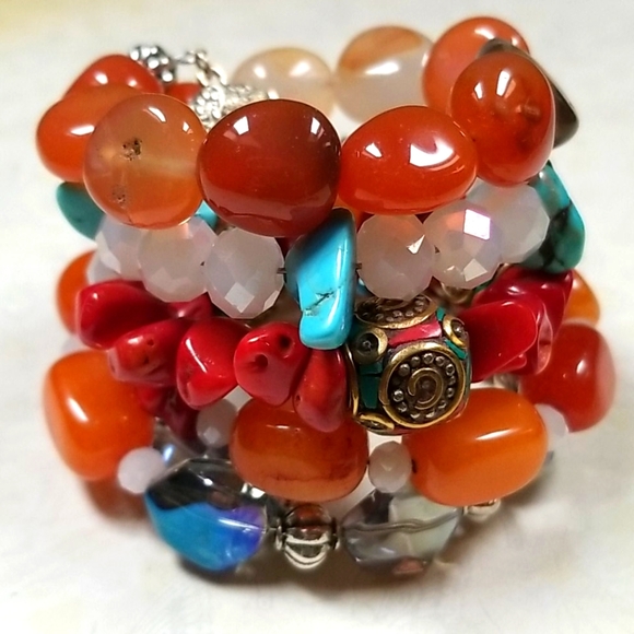Hand Crafted Boho Beaded Agate, Coral, Turquoise and Amber Wrap Bracelet - Picture 4 of 16